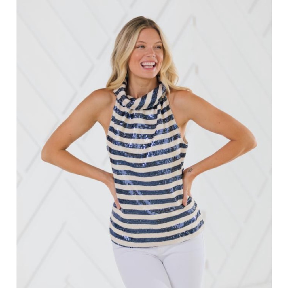 Sail to Sable Sequin Striped Cowl-neck Top